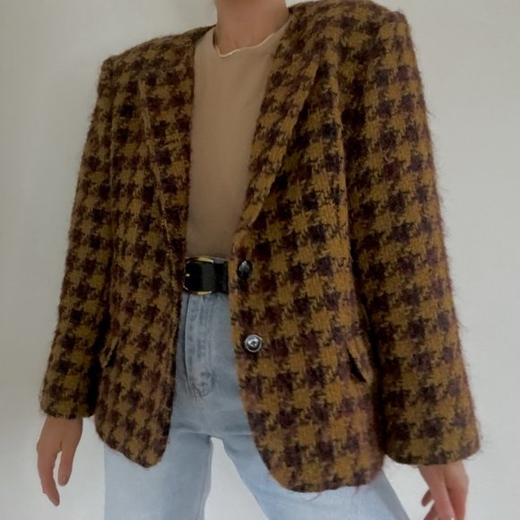 Vintage Plum & Ochre Wool Houndstooth Coat - Picture 3 of 7